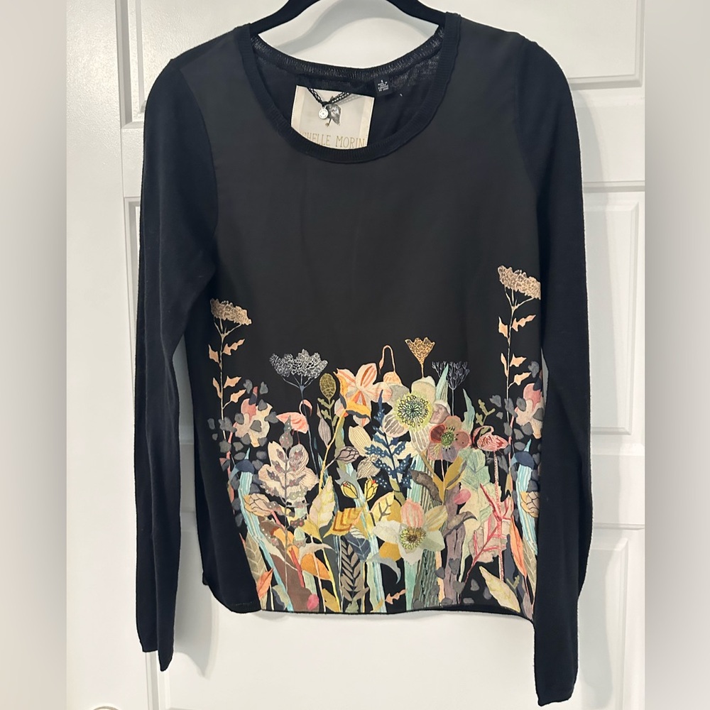 Michelle Morin size small lightweight black long sleeve top with flower print